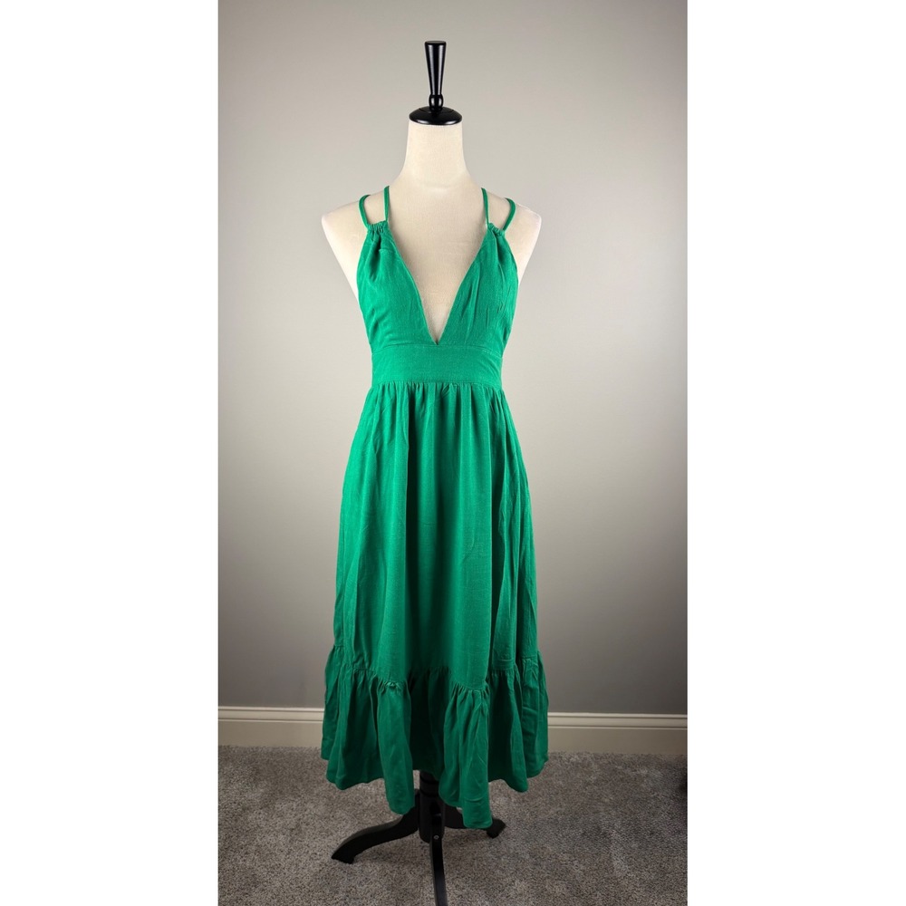 Lulus Midi Dress‎ Women XS Green Linen Blend V-Neck Crisscross Back